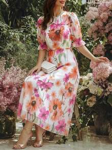 Vestido con estampado francés, mangas sueltas, puños elásticos y cintura drapeada para mujeres - Multicolor 2 - Ver 5