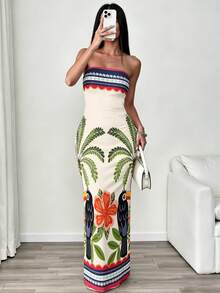 INAWLY Vestido sin tirantes de moda con estampado de palmeras, adecuado para vacaciones - Multicolor - Ver 3