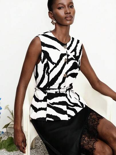 Aveloria Modichic 女士优雅别致法式贵族单排扣圆领系带斑马纹金属装饰纽扣马甲外套，商务正装，时尚派对装扮