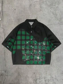 AXEPEAK Men's Fashion Resort Plaid Rhinestone Glitter Detail Single-Breasted Short Sleeve Shirt - Brown - View 6