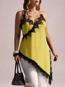 Elegantrix Plus Size Women Urban Casual Lace Asymmetric Hem V-Neck Patchwork Solid Color Camisole - Yellow - View 3