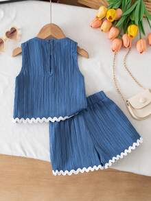 2pcs Young Girl Woven Solid Color Round Neck Casual Vest And Shorts Set - Blue - View 4