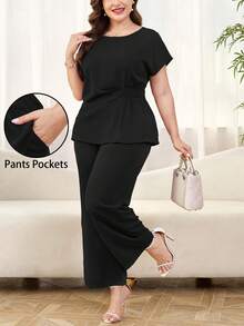 Reflora Plus Size Women's 2 Piece Set, Elegant Solid Color Short Sleeve Top And Long Pants, Suitable For Spring, Summer, Daily Wear, Commuting - Black - View 3