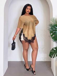Veslaya Plus Size Women Contrast Lace Hem Round Neck Short Sleeve Top - Brown - View 12