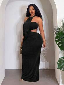 Slaydiva Women's Black,Autumn,Elegant,Formal,Evening,Night Out Club Long Dress,Halter Strappy Waist Back Exposed Hip Pleated Bohemian Cruise Party-A - Black - View 5