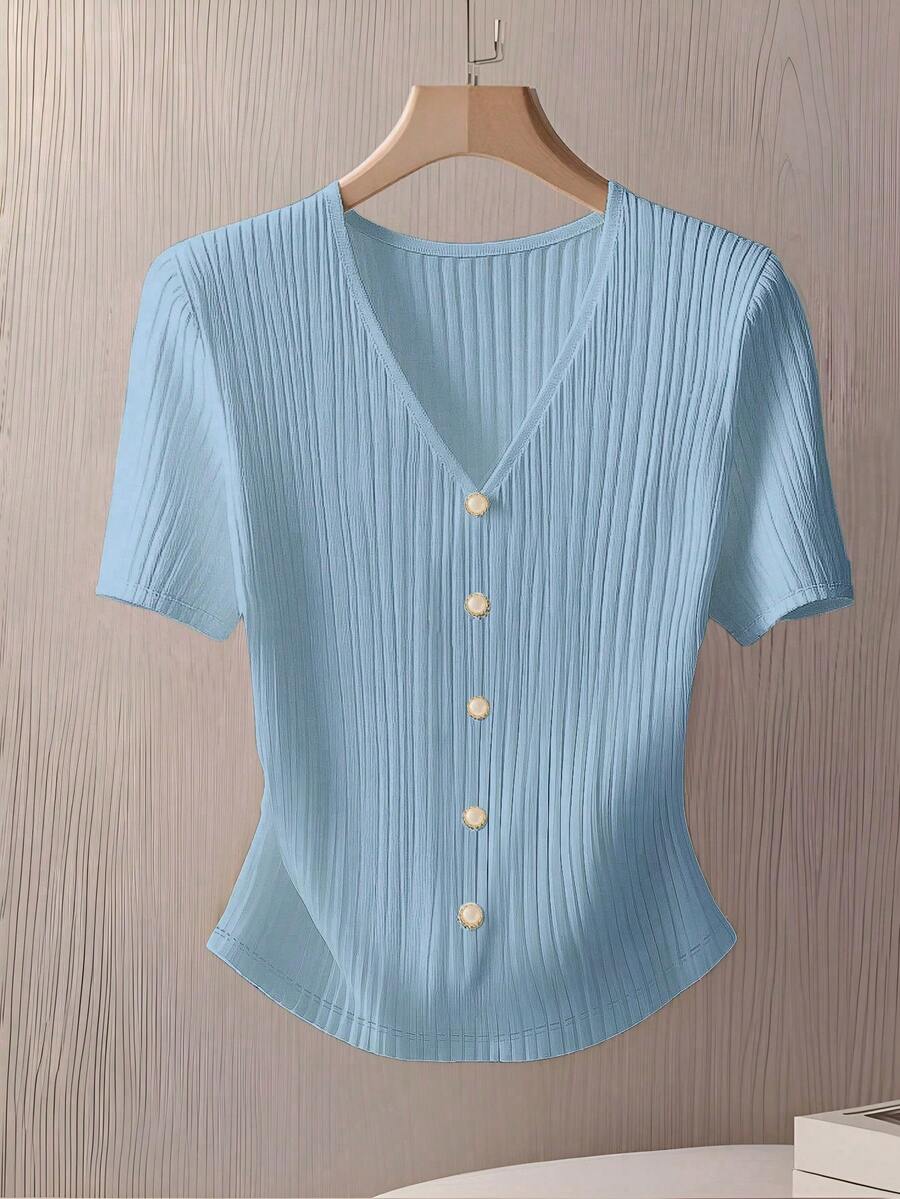 Everyssa Women's Elegant Commuter Solid Color Front Button Short Sleeve T-Shirt, Summer - Blue - View 1