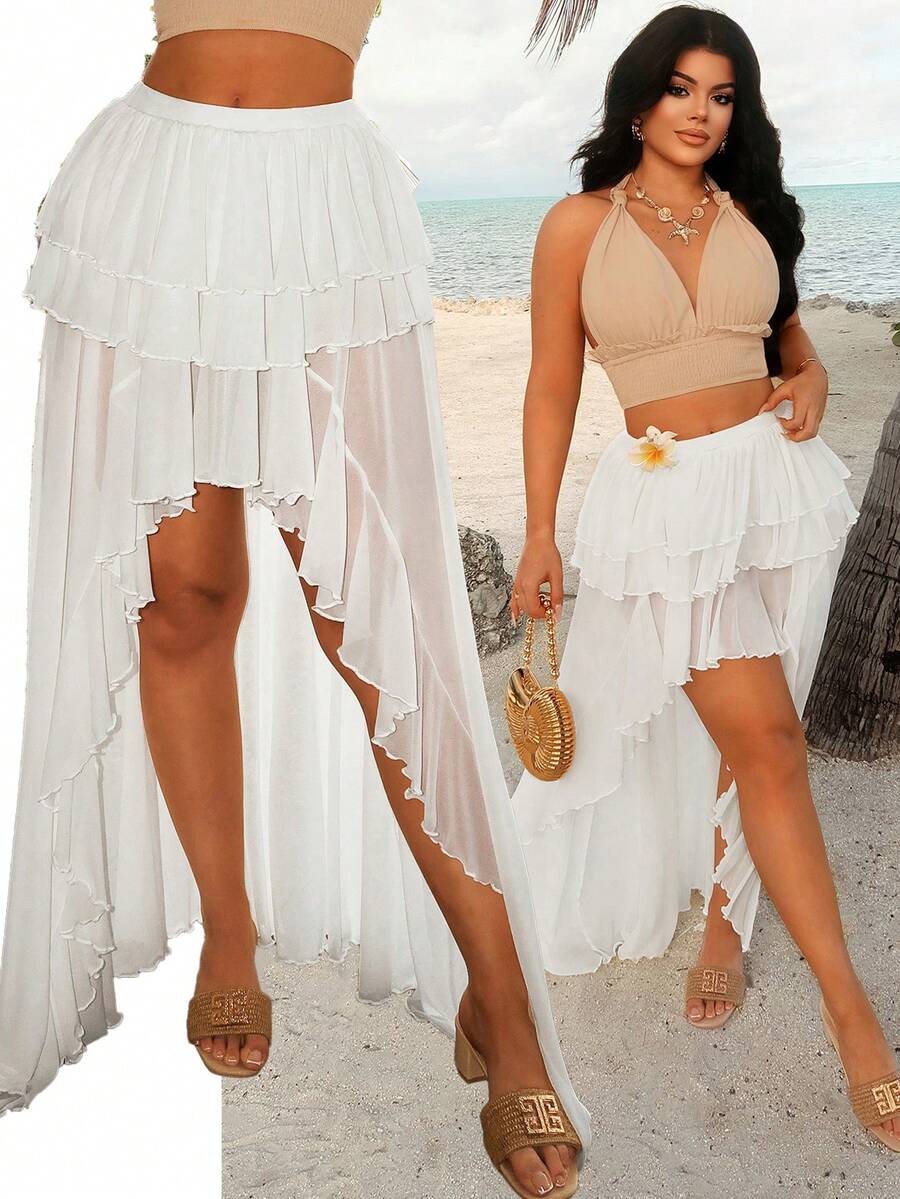 SHEIN SXY Asymmetrical Ruffle Hem Skirt, Suitable For Summer Vacation - White - View 1