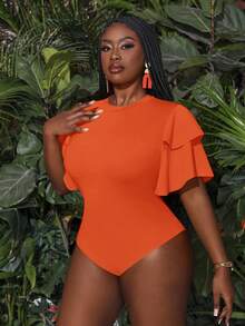 Slaydiva Plus Size Summer Holiday Multilayer Ruffle Sleeve Bodycon Bodysuit Bodysuits For Women Pluswhite Bodysuitplus Size Bodysuit - Orange - View 3