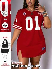 SHEIN CURVE+ Plus Size Women's Casual Loose Numeric Print Short Sleeve Dress - Red - View 1