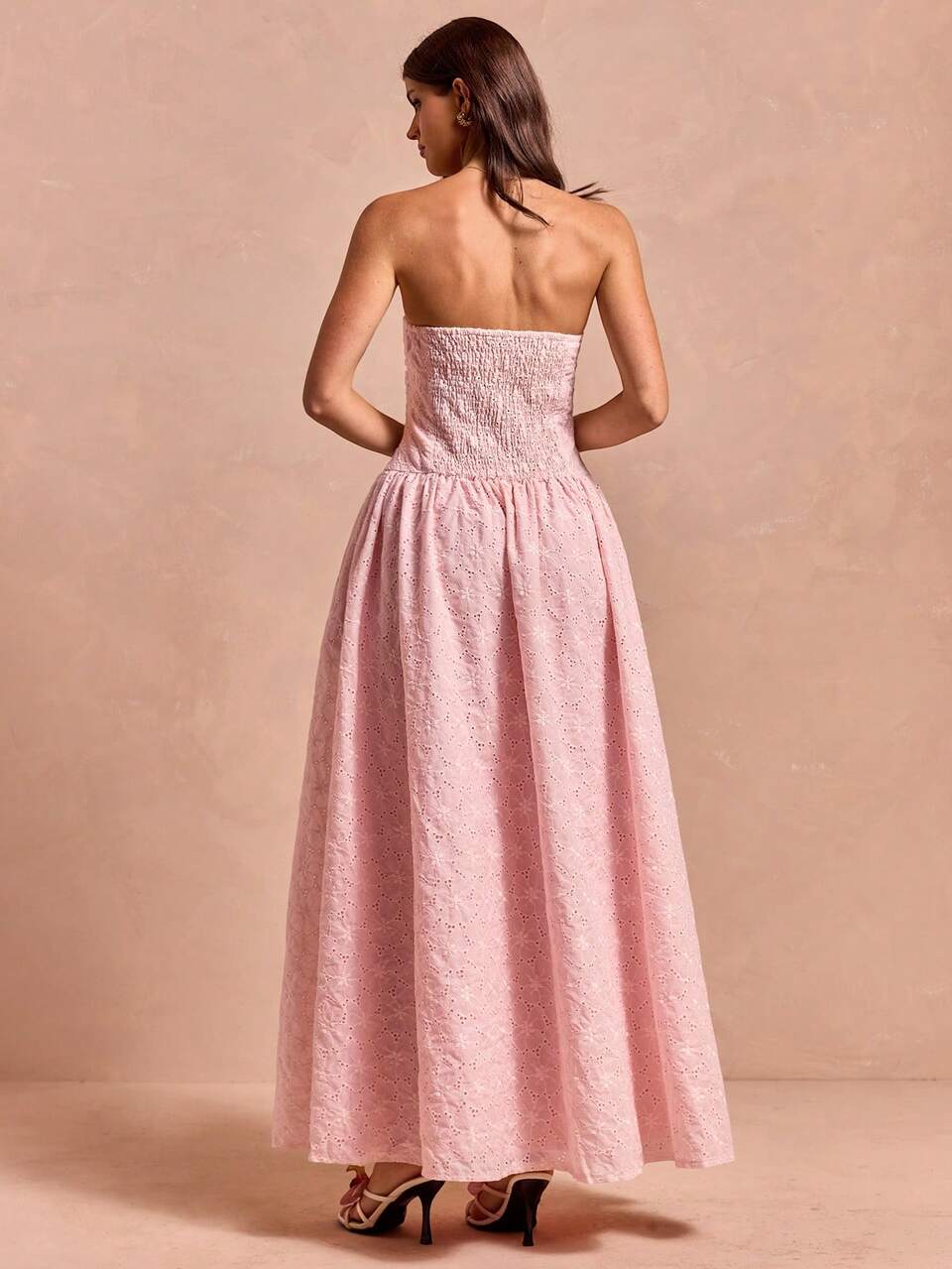Enchnt Summer Elegant Pink Floral Embroidered Bandeau Dress,Women's Tea Party Vacation,Holiday,Prom,Graduation,Wedding Guest,Beach,Vacation Outfit Dress