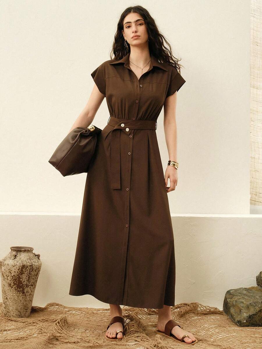 SHEIN 女士X型褶裥领宽肩短袖系带腰纽扣A字连衣裙,适合日常通勤 - 咖啡 - 查看 1