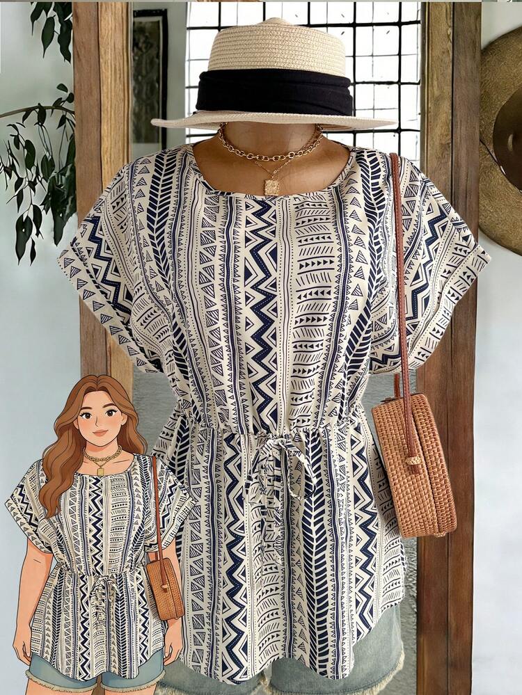 Plus Size Women Geometric Print Round Neck Blouse,Casual Blouses For Women,Summer Holiday Outfits ,Casual Blouses For Women Zebra Dress For Women Zig Zag Dress Zanea Dress For Woman Yisikado Dress Zaa Clothes Boho Clothes For Women Casual Dresses For Women Summer Bubu Dresses For Women Native Dresses For Women Zulu Traditional Dress For Women Africa New Arrival Dress For Women Casual