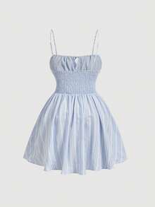 SHEIN MOD Đầm ngắn hai dây kẻ caro thêu họa tiết dành cho nữ cỡ lớn, đầm hai dây buộc phía trước, đầm đi biển mùa hè, đầm hai dây, đầm phong cách bohemian cho kỳ nghỉ, đầm ôm sát cơ thể kiểu corset. - Màu xanh lam - Xem 5