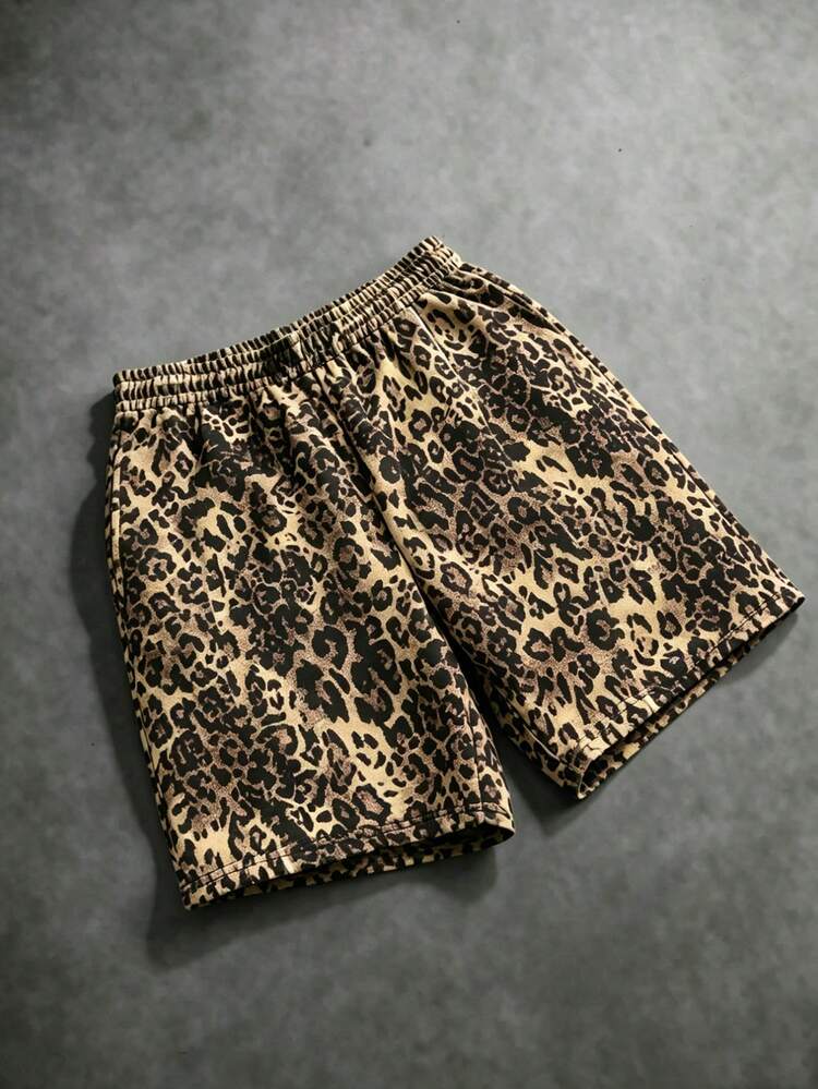 SUMWON Men's Leopard Print Casual Shorts With White Contrasting Piping Trim Summer Relaxed Fit Below Knee Length