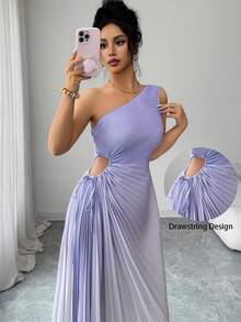 Modelyn Yellow Sleeveless Asymmetric Neck Pleated Ombre Dress For Women - Purple - View 6