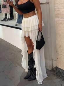 SHEIN SXY Asymmetrical Ruffle Hem Skirt, Suitable For Summer Vacation - White - View 7