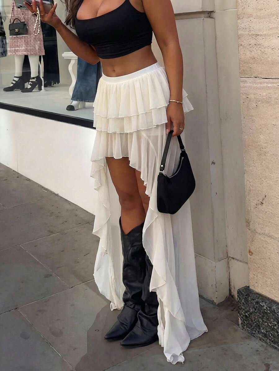 SHEIN SXY 不对称荷叶边下摆半身裙，适合夏季度假 - 白色 - 查看 1