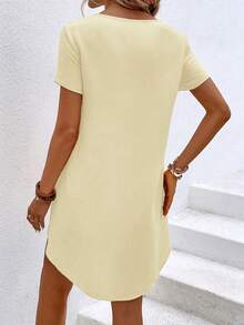 EMERY ROSE Women's Summer Casual Vacation Commute Solid Color Short Sleeve Wrap Cross Top And Shorts 2-Piece Set Vacation Pale Yellow - Apricot - View 2