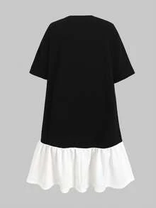 SHEIN Tween Girl Knit Black & White Contrast Beaded Floral Loose Casual Dress - Black - View 2