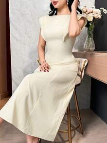 Modelyn Women's Elegant Solid Color Sleeveless Mid-Length Dress, Summer Dinner Date Cream White - Yellow - View 7
