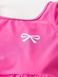 SHEIN Young Girl Solid Color Knit Bow Decor Sleeveless Jumpsuit - Pink - View 6
