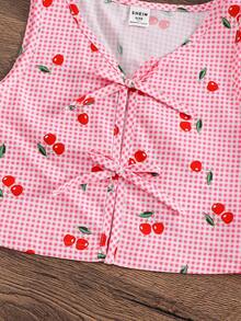Emery Rose Kids Emery Rose Kids 2件套 女童粉色格子樱桃印花无袖上衣和短裤 两件套夏季套装 女童套装 樱桃图案女童服装套装 儿童套装 2件套夏季套装 夏季柔软舒适上衣和裙子 - 粉色 - 查看 4