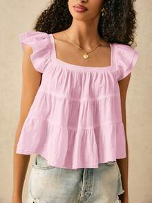 SHEIN Frenchy 女士纯色方领短袖宽松衬衫 - 淺粉色 - 查看 6