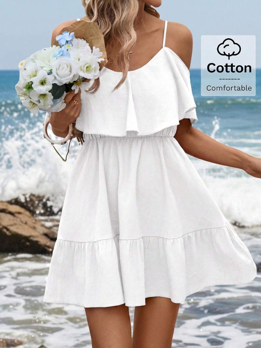SHEIN Clasi Đầm nữ thanh lịch mới, kiểu dáng trễ vai, dây mảnh, thoải mái, chất liệu cotton màu đỏ thẫm trơn, dáng chữ A. - trắng - Xem 1