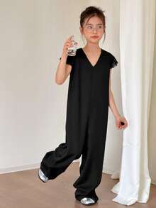 DAZY V-Neck Straight Sleeveless Solid Color Tween Girls Jumpsuit Summer - Black - View 6