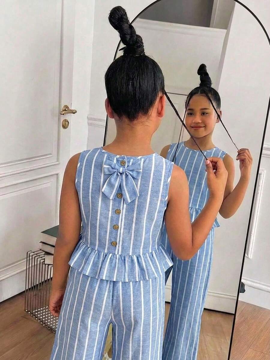 SHEIN 少女休闲荷叶边无袖T恤套装 - 藍色 - 查看 1