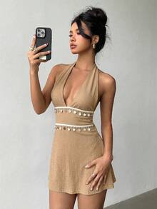 Aloruh Women's Summer Bohemian Style Woven Strap Decor Shell Tassel Mini Dress, Sexy Backless Halter Neck A-Line Mini Dress, Solid Apricot Color Dress, Suitable For Music Festival, Beach Vacation, Daily Dates, Romantic Dates, Sexy Resort Bohemian Backless Shell Trim Apricot Color Dress,Summer Dresses For Women - Camel - View 8