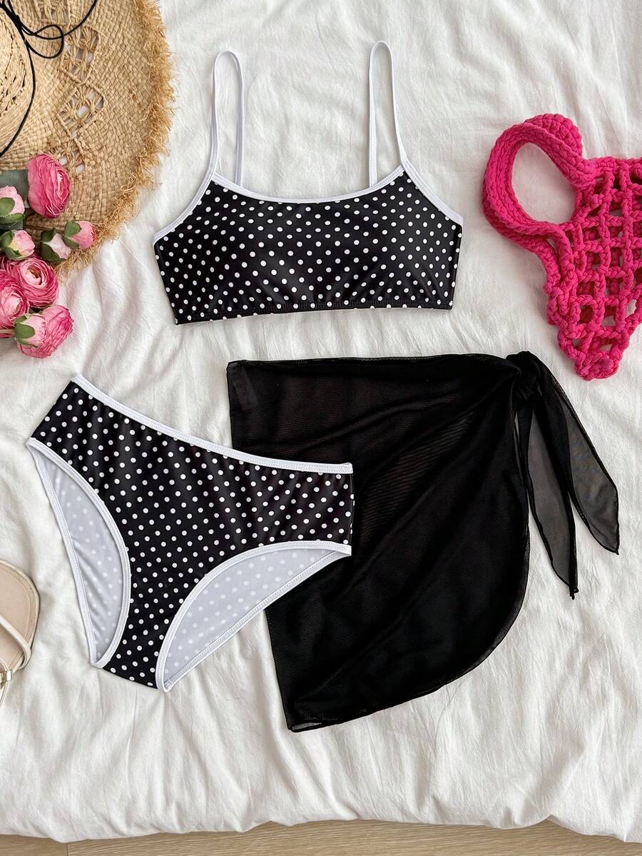 SHEIN 少女/青少年三件套波点比基尼套装,优雅百搭的波点泳装,带网纱裙摆,适合夏季海滩、游泳、冲浪 - 黑色 - 查看 1