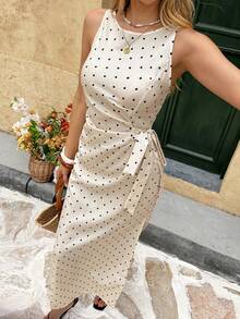 女士编织波点连衣裙，风格优雅，适合日常穿着，夏季穿着具有显瘦效果，长款裙长 - 杏色 - 查看 7
