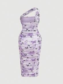 SHEIN MOD 大码女式时尚蝴蝶花卉印花荷叶边露肩连衣裙 - 紫色 - 查看 2
