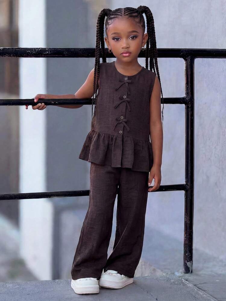 Young Girl Bow Decor Cute Sleeveless Shirt Set (Small)