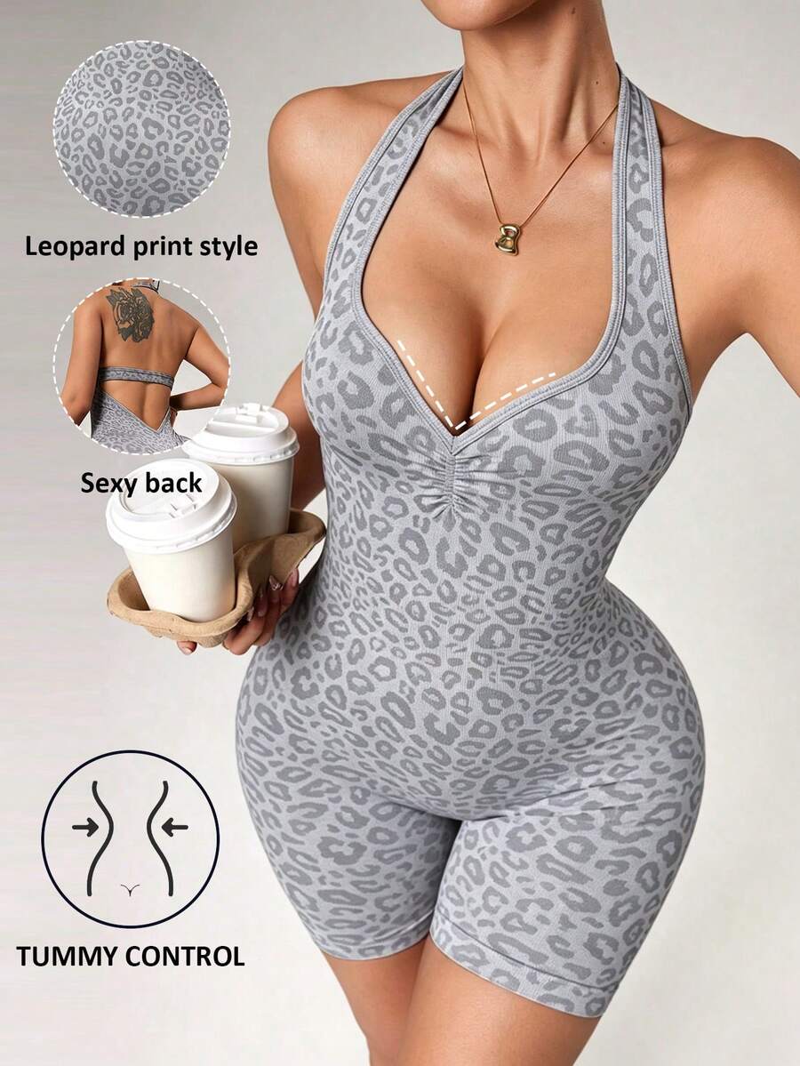 SHEIN Dewbera Bộ áo liền quần nữ không đường may họa tiết da báo, cổ yếm, hở lưng, khoét eo - Xám - Xem 1