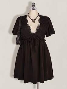 SHEIN ICON Plus Size Women's Lace Patchwork Ruffle Sleeve Front Tie Dress - Brown - View 3