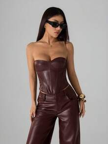 SHEIN PETITE Áo croptop quây ngực bằng da PU màu nâu thời trang gợi cảm dành cho nữ, áo corset da, áo màu nâu, áo đi chơi đêm, áo đi club, áo corset nâu, áo dự tiệc, áo da, áo mùa hè, áo quây ngực, áo Halloween, áo Giáng sinh, áo năm mới - Màu Đỏ Sâu - Xem 1