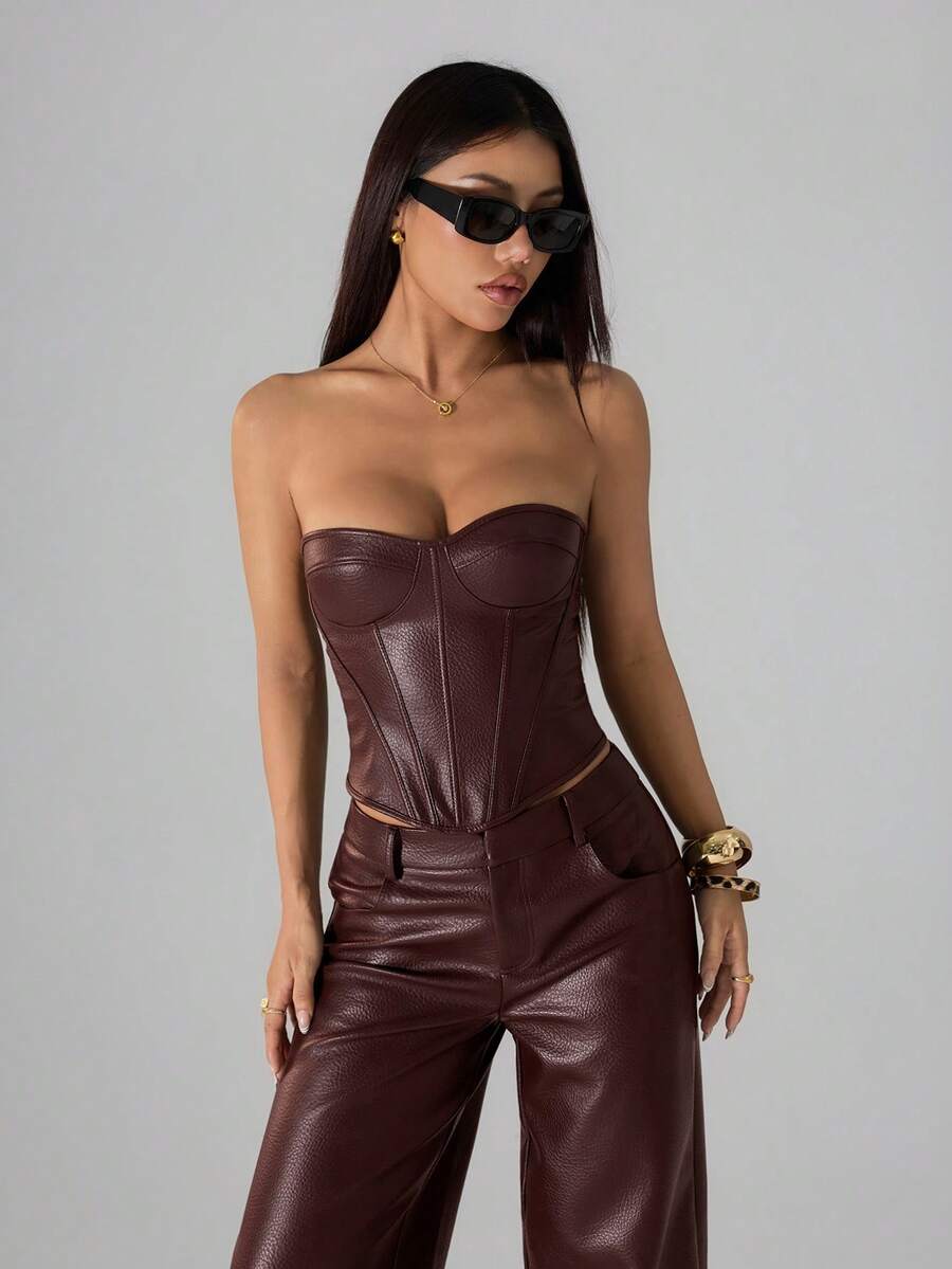 SHEIN PETITE Áo croptop quây ngực bằng da PU màu nâu thời trang gợi cảm dành cho nữ, áo corset da, áo màu nâu, áo đi chơi đêm, áo đi club, áo corset nâu, áo dự tiệc, áo da, áo mùa hè, áo quây ngực, áo Halloween, áo Giáng sinh, áo năm mới - Màu Đỏ Sâu - Xem 1