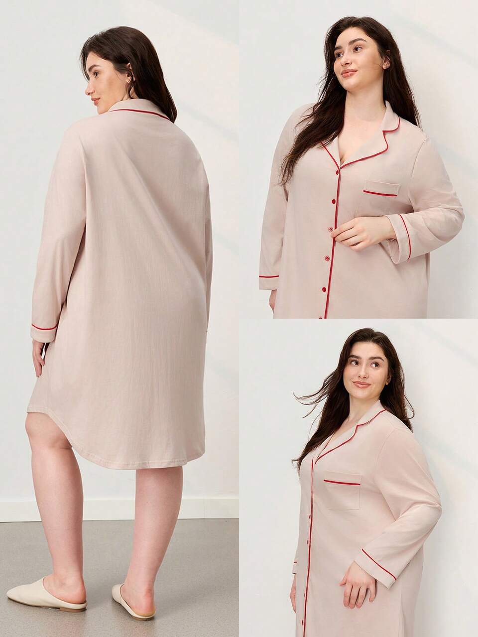 Camisola Plus Size de Algodão Macio em Tons Creme para Mulheres, Vestido de Dormir com Botões Estiloso, Roupa de Descanso Elegante, Pijama Boyfriend, Camisa para Casa Moo Moo para Mulheres