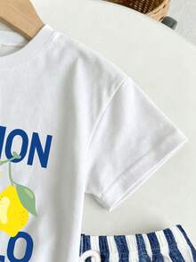 SHEIN Playful Pals Bộ đồ thường ngày cho bé trai gồm áo thun ngắn tay và quần short in chữ và quả chanh. - Nhiều màu - Xem 3