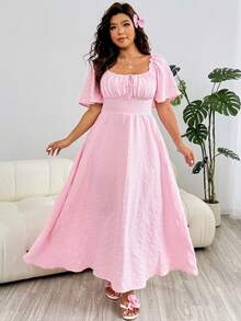 Solflare Romantic Long Flounce Sleeve A-Line Dress, Suitable For Casual, Party, Commute, Wedding, Music Festival, Beach Vacation, Plus Size, Pink - Pink - View 3