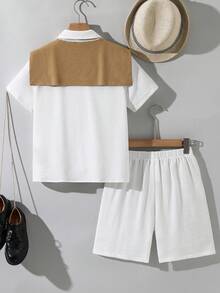 SHEIN 3件套儿童/青少年男童休闲绅士度假风纹理面料Polo领开襟短袖衬衫+宽松短裤+围巾两件套，适合通勤、上学、日常休闲、度假、运动、生日派对、晚宴、婚礼等场合，春夏秋冬皆宜。 - 白色 - 查看 6