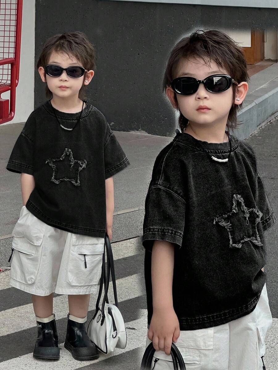 Dazy Kids 幼儿男童宽松休闲牛仔T恤,星形图案,夏季 - 黑色 - 查看 1