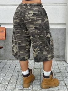 Livesso Plus Size Women Camouflage Loose Wide Leg Cropped Denim Shorts, Spring/Summer - Army Green - View 6