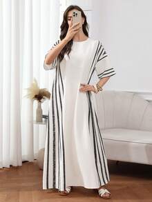 Al Najma Đầm maxi Thổ Nhĩ Kỳ dành cho nữ và áo abaya truyền thống Ả Rập. - Màu be - Xem 3