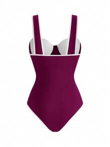 Swim Oasis Traje de baño de una pieza de color sólido + falda para mujer, conjunto de salida para primavera/verano - Burdeos - Ver 4