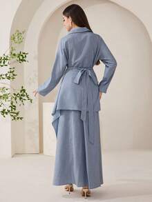 Veilorie Women's Solid Color Long Sleeve Single-Breasted Shirt And Midi Skirt Arabic Style Set Teachers' Day Golf Pastal Autumn Sexy - Blue - View 4