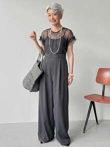 FRIFUL Women's Mesh Patchwork Pocket Wide Leg Jumpsuit Lounge Sets For Women Summer Jumpsuits For Women Golf Pastal Sexy - Grey - View 5