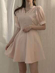 DAZY Đầm ngắn tay cổ chữ V màu trơn tối giản dành cho nữ, đầm mùa hè thoải mái, thích hợp mặc hàng ngày. - Hồng - Xem 3